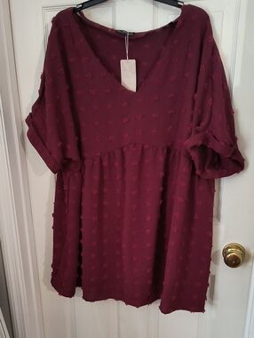 Emeey Rose Textured Burgundy Babydoll Tunic Dress